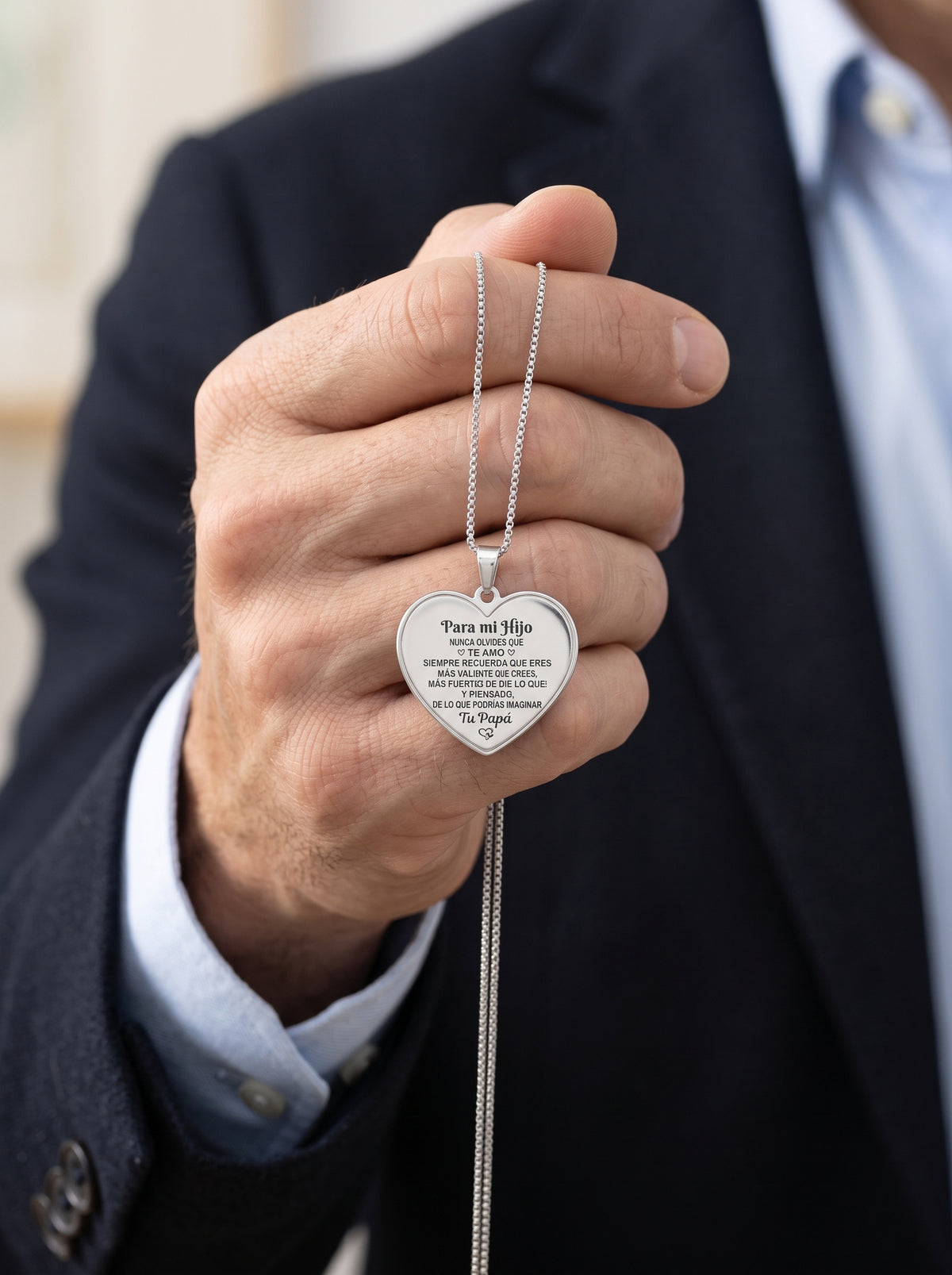 Dije Placa Corazón Grabado "Para mi Hijo de Tu Papá"