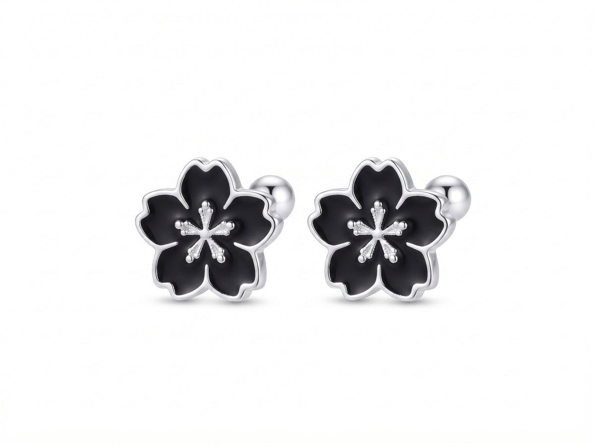 Broqueles Flor Sakura Esmaltada Negra