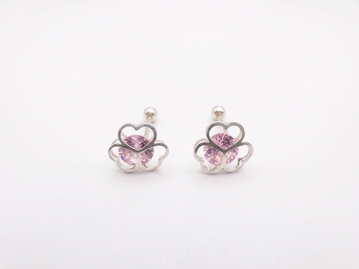 Broqueles Trebol de Corazones con Zirconia Rosa