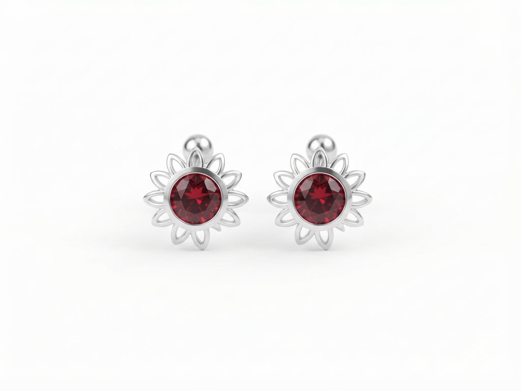 Broqueles Flor / Sol con Zirconia Roja Rubí