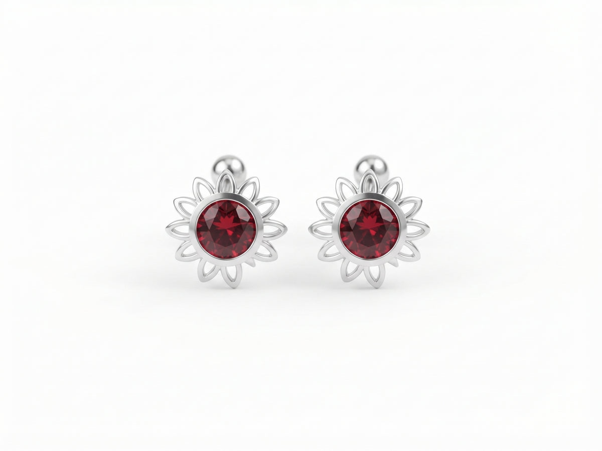 Broqueles Flor / Sol con Zirconia Roja Rubí