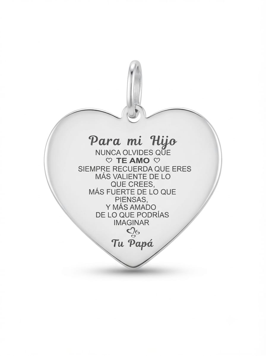 Dije Placa Corazón Grabado "Para mi Hijo de Tu Papá"